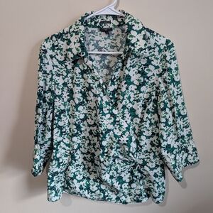 Talbots Floral Button Front Blouse 16W Green White Stretch Cotton Top